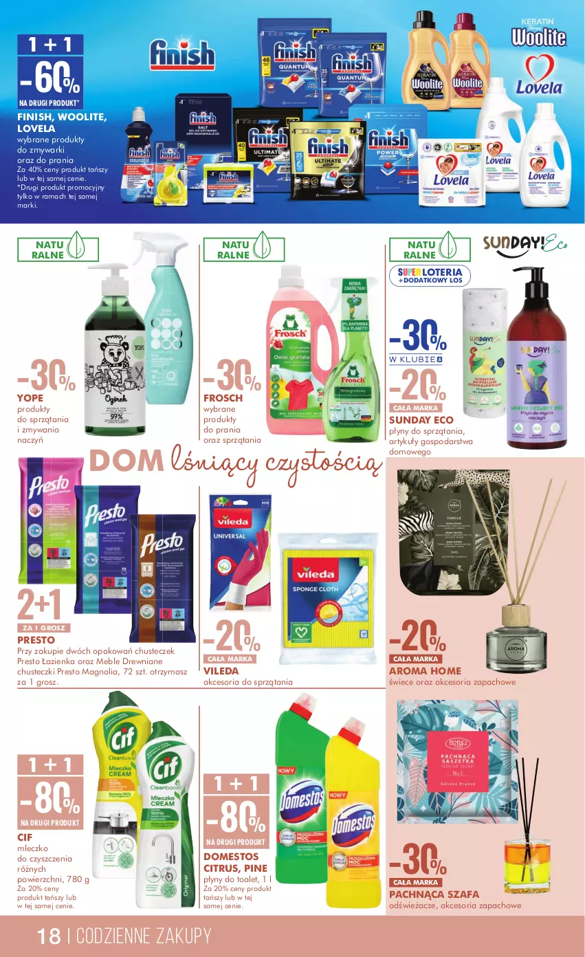 Gazetka promocyjna Super Pharm - ważna 14.10 do 29.10.2024 - strona 18 - produkty: Chusteczki, Cif, Domestos, Fa, Finish, Frosch, Lovela, Meble, Mleczko, Presto, Rama, Szafa, Vileda, Woolite, Yope, Zmywarki