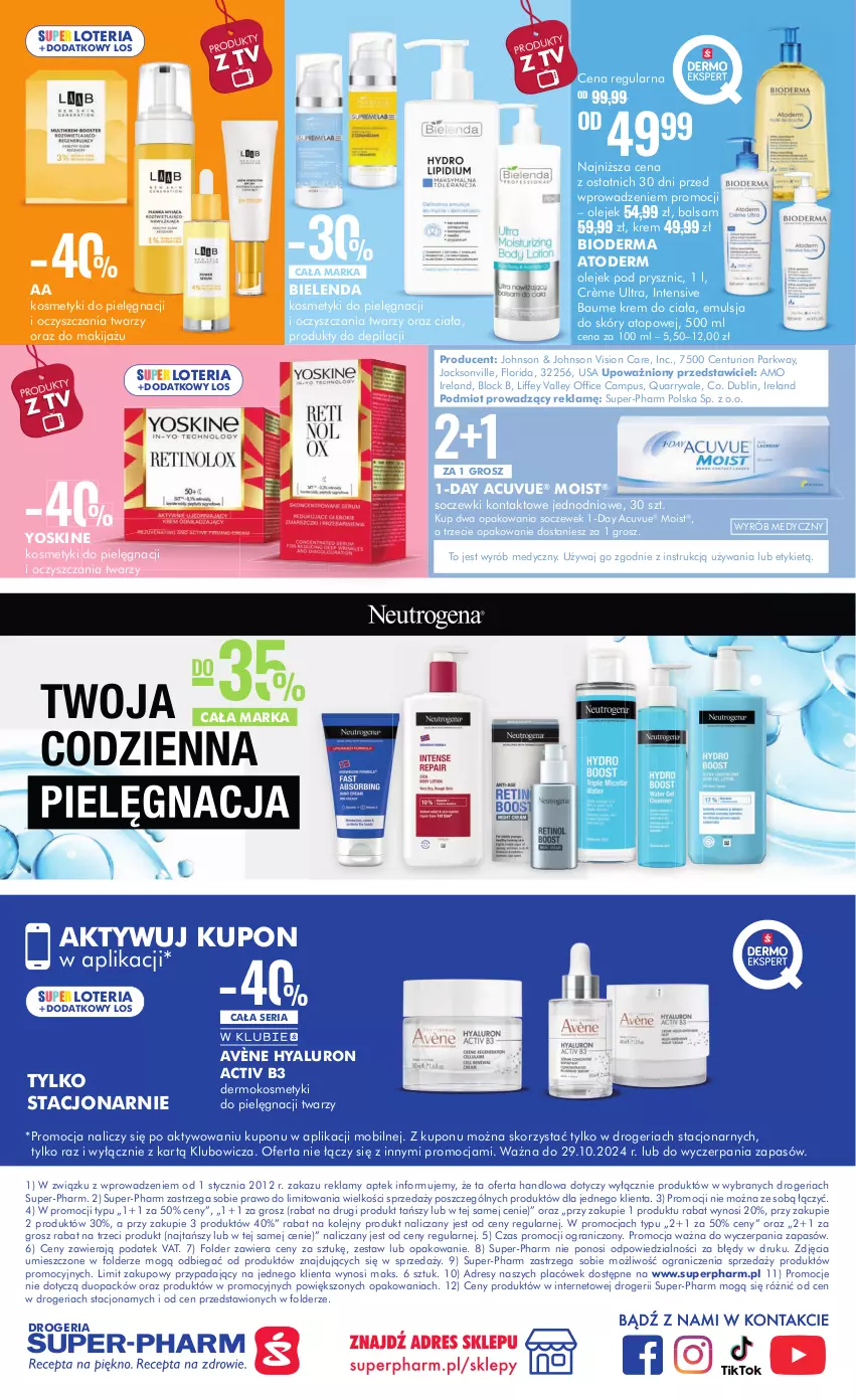 Gazetka promocyjna Super Pharm - ważna 14.10 do 29.10.2024 - strona 20 - produkty: Atoderm, Avène, Bielenda, Bioderma, Dres, Emulsja, Gra, Kosmetyki do pielęgnacji, Krem do ciała, Makijaż, Mobil, Olej, Olejek pod prysznic, Ser, Soczewki kontaktowe, Top, Yoskine