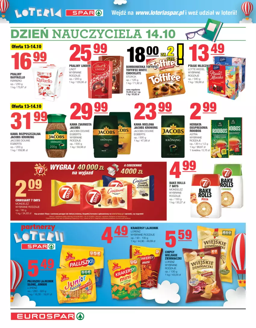 Gazetka promocyjna Spar - EuroSpar - ważna 01.10 do 11.10.2023 - strona 6 - produkty: 7 Days, Bake Rolls, Czosnek, Fa, Ferrero, Herbata, Jacobs, Kawa, Kawa mielona, Kawa ziarnista, Lindor, Lindt, Mleczko, Praliny, Ptasie mleczko, Raffaello, Róża, Toffifee, Torebka