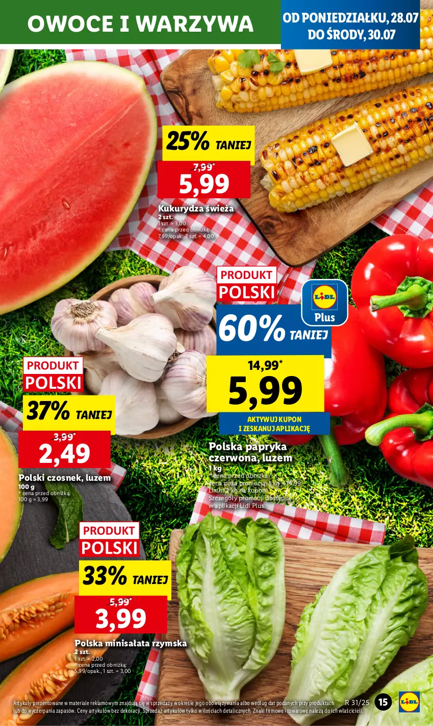 Gazetka promocyjna Lidl - GAZETKA - ważna 28.07 do 30.07.2025 - strona 17 - produkty: Czosnek, Kukurydza, Owoce, Papryka, Papryka czerwona, Sałat, Warzywa