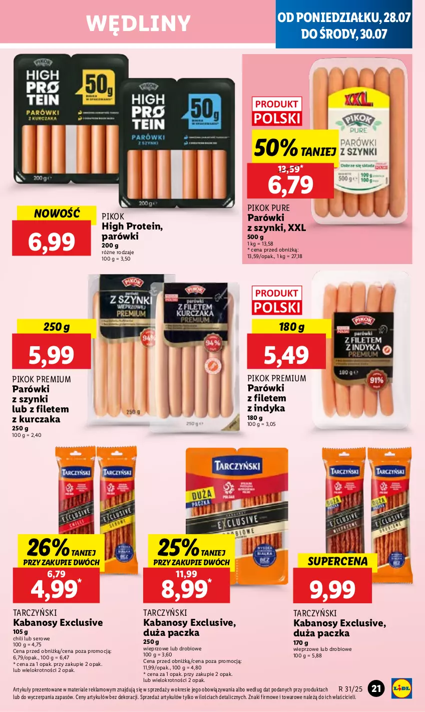 Gazetka promocyjna Lidl - GAZETKA - ważna 28.07 do 30.07.2025 - strona 25 - produkty: Kabanos, Kurczak, Parówki, Parówki z szynki, PIKOK, Pur, Ser, Tarczyński