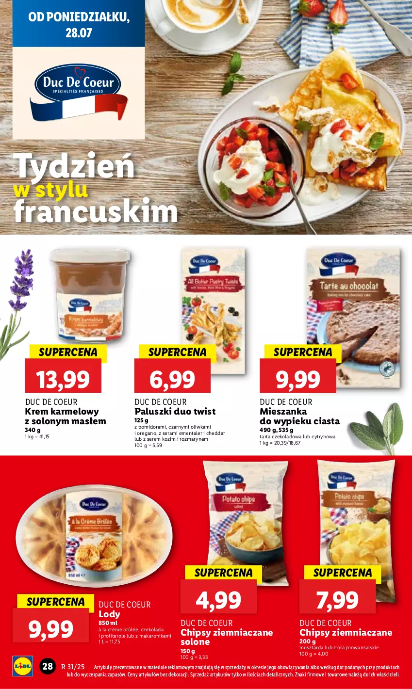 Gazetka promocyjna Lidl - GAZETKA - ważna 28.07 do 30.07.2025 - strona 34 - produkty: Cheddar, Chipsy, Crème brûlée, Czekolada, Ementaler, Lody, Makaron, Mus, Musztarda, Ser, Tarta