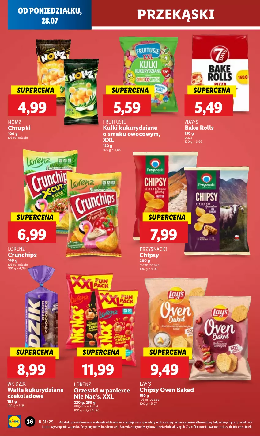 Gazetka promocyjna Lidl - GAZETKA - ważna 28.07 do 30.07.2025 - strona 44 - produkty: Bake Rolls, Chipsy, Chrupki, Crunchips, Gin, Lay’s, Lorenz, Orzeszki, Pizza, Przysnacki, Wafle