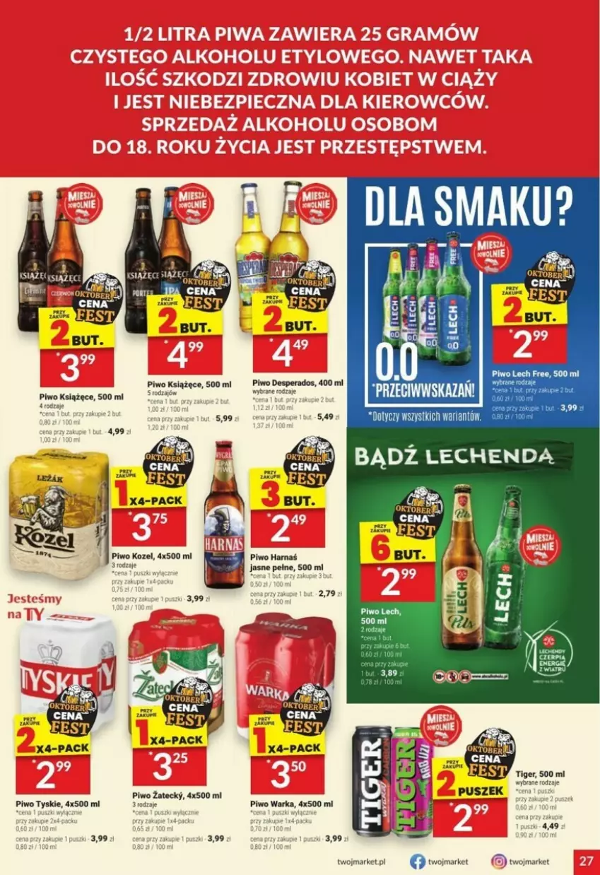 Gazetka promocyjna Twoj Market - ważna 25.10 do 31.10.2023 - strona 20 - produkty: Desperados, Harnaś, Kozel, Książęce, Piwo, Tiger, Tyskie, Warka