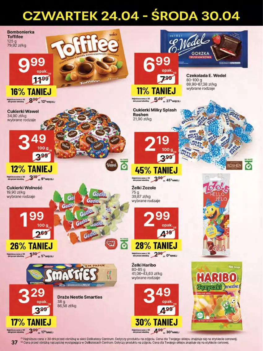 Gazetka promocyjna Delikatesy Centrum - Franczyza DC17 Czwartek - ważna 24.04 do 30.04.2025 - strona 37 - produkty: Cukier, Cukierki, Czekolada, E. Wedel, Haribo, Rum, Toffifee, Wawel