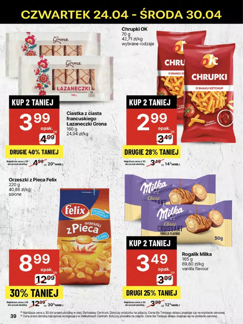 Gazetka promocyjna Delikatesy Centrum - Franczyza DC17 Czwartek - ważna 24.04 do 30.04.2025 - strona 39 - produkty: Chrupki, Ciastka, Felix, Milka, Orzeszki, Piec, Rogal, Rum, Sól