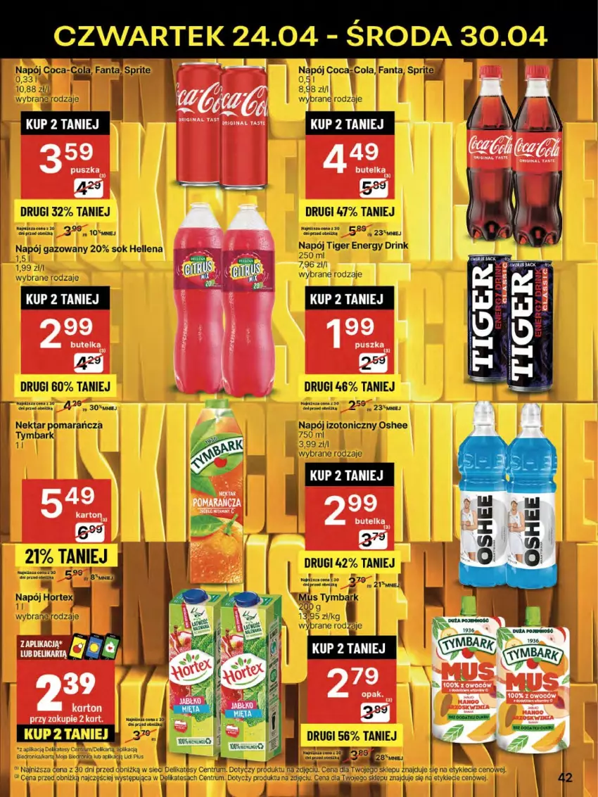 Gazetka promocyjna Delikatesy Centrum - Franczyza DC17 Czwartek - ważna 24.04 do 30.04.2025 - strona 42 - produkty: Fa, Fanta, Gin, Hortex, Mus, Napój, Napój gazowany, Napój izotoniczny, Nektar, Oshee, Rum, Sok, Sprite, Tymbark