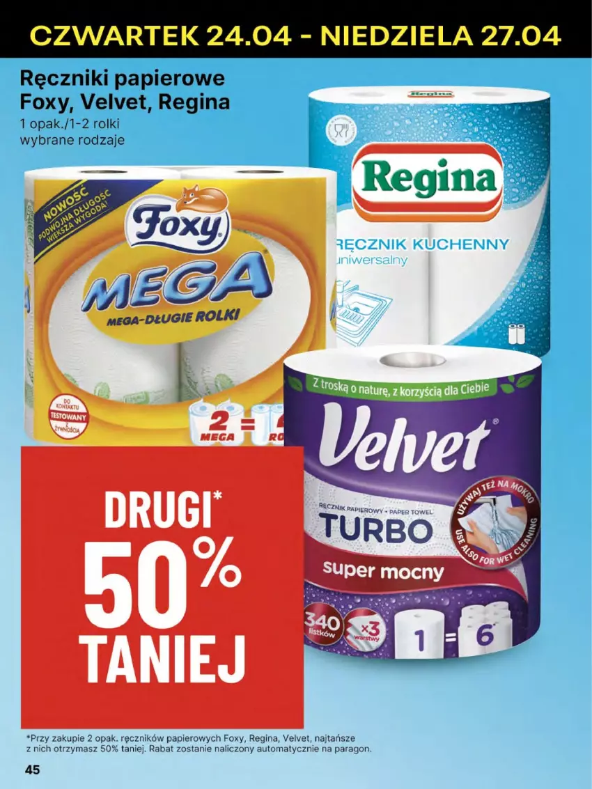 Gazetka promocyjna Delikatesy Centrum - Franczyza DC17 Czwartek - ważna 24.04 do 30.04.2025 - strona 45 - produkty: Foxy, Gin, Papier, Ręcznik, Ręczniki papierowe, Rolki, Velvet