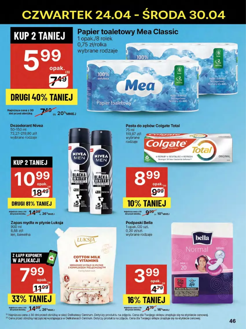 Gazetka promocyjna Delikatesy Centrum - Franczyza DC17 Czwartek - ważna 24.04 do 30.04.2025 - strona 46 - produkty: Bell, Bella, Colgate, Colgate Total, Dezodorant, Gin, Lack, LG, Luksja, Mydło, Mydło w płynie, Nivea, Papier, Papier toaletowy, Pasta do zębów, Podpaski, Rum, Wełna, Zapas mydła w płynie