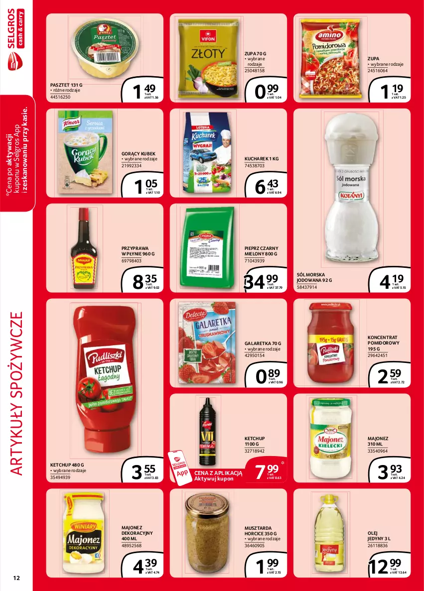 Gazetka promocyjna Selgros - Extra Oferta - ważna 01.02 do 28.02.2021 - strona 12 - produkty: Artykuły spożywcze, Gala, Galaretka, Ketchup, Koncentrat pomidorowy, Kubek, Kucharek, LG, Majonez, Mus, Musztarda, Olej, Pasztet, Pieprz, Przyprawa w płynie, Sól, Zupa