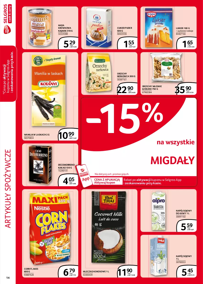 Gazetka promocyjna Selgros - Extra Oferta - ważna 01.02 do 28.02.2021 - strona 14 - produkty: Artykuły spożywcze, Corn flakes, Cukier, Cukier puder, Kakao, Kokos, LG, Masa krówkowa, Migdały, Mleczko, Napój, Orzechy włoskie, Puder