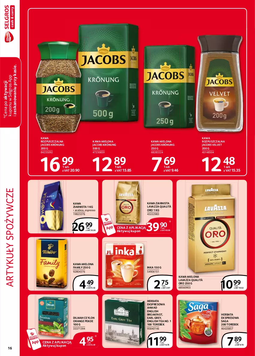 Gazetka promocyjna Selgros - Extra Oferta - ważna 01.02 do 28.02.2021 - strona 16 - produkty: Artykuły spożywcze, BIC, Dilmah, Earl Grey, Fa, Herbata, Inka, Jacobs, Jacobs Krönung, Jacobs Velvet, Kawa, Kawa mielona, Kawa rozpuszczalna, Kawa ziarnista, Lavazza, LG, Saga, Velvet