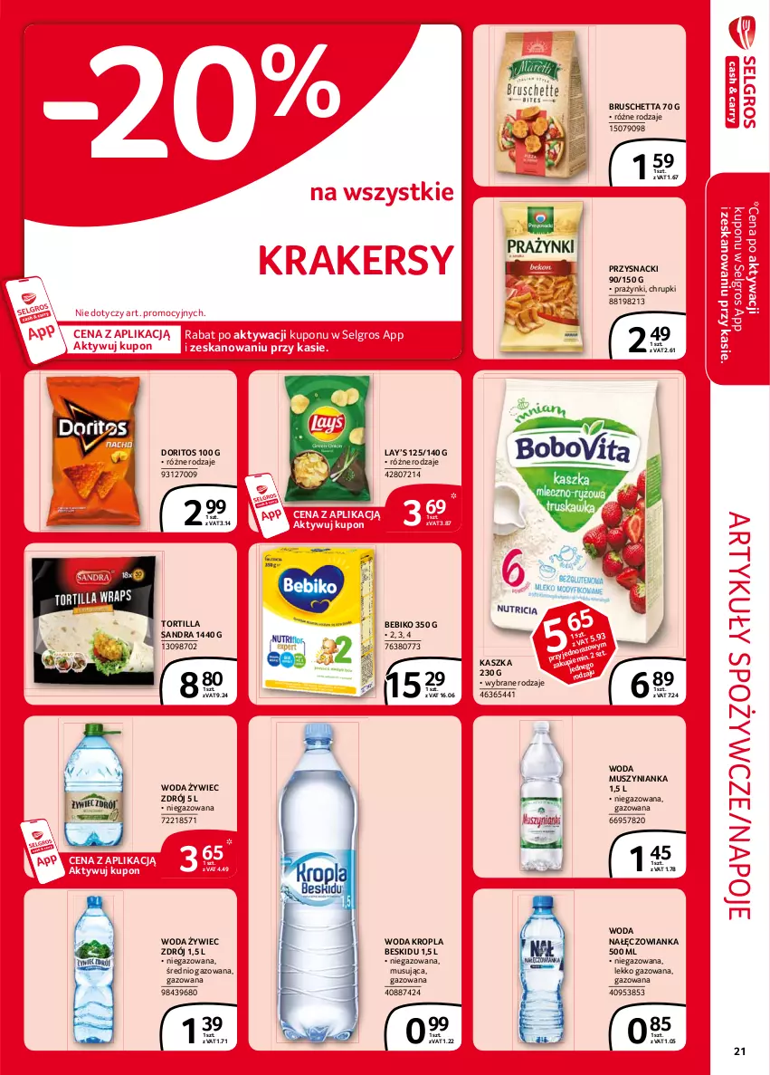 Gazetka promocyjna Selgros - Extra Oferta - ważna 01.02 do 28.02.2021 - strona 21 - produkty: Artykuły spożywcze, Bebiko, Chrupki, Krakersy, Lay’s, LG, Mus, Muszynianka, Nałęczowianka, Napoje, Przysnacki, Tortilla, Woda