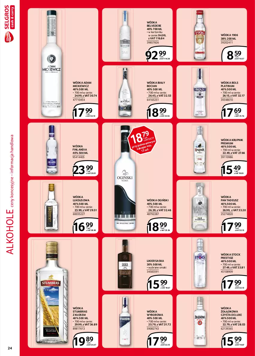 Gazetka promocyjna Selgros - Extra Oferta - ważna 01.02 do 28.02.2021 - strona 24 - produkty: Alkohole, Biały Bocian, Bols, Finlandia, Krupnik, Likier, Ogiński, Saska, Stock, Tonik, Wódka, Wyborowa