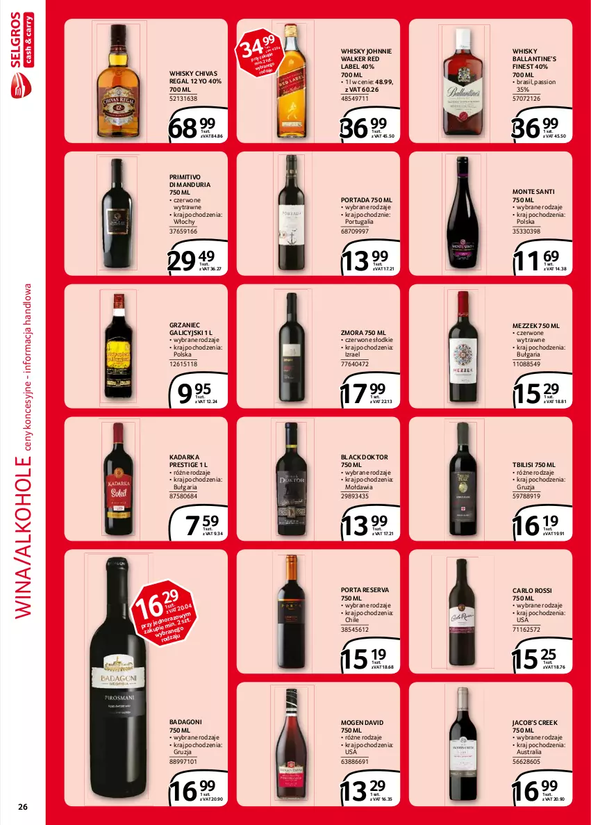 Gazetka promocyjna Selgros - Extra Oferta - ważna 01.02 do 28.02.2021 - strona 26 - produkty: Alkohole, Carlo Rossi, Grzaniec Galicyjski, Johnnie Walker, Lack, Mogen David, Monte, Monte Santi, Por, Portada, Ser, Whisky