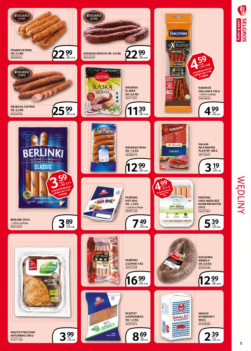 Gazetka promocyjna Selgros - Extra Oferta - ważna 01.02 do 28.02.2021 - strona 5 - produkty: Berlinki, Frankfurterki, Hot dog, Kabanos, Kasza, Kaszanka, Kiełbasa, Kiełbasa krucha, Kiełbasa śląska, Parówki, Parówki hot dog, Parówki z szynki, Pasztet, Piec, Salami, Ser, Smalec