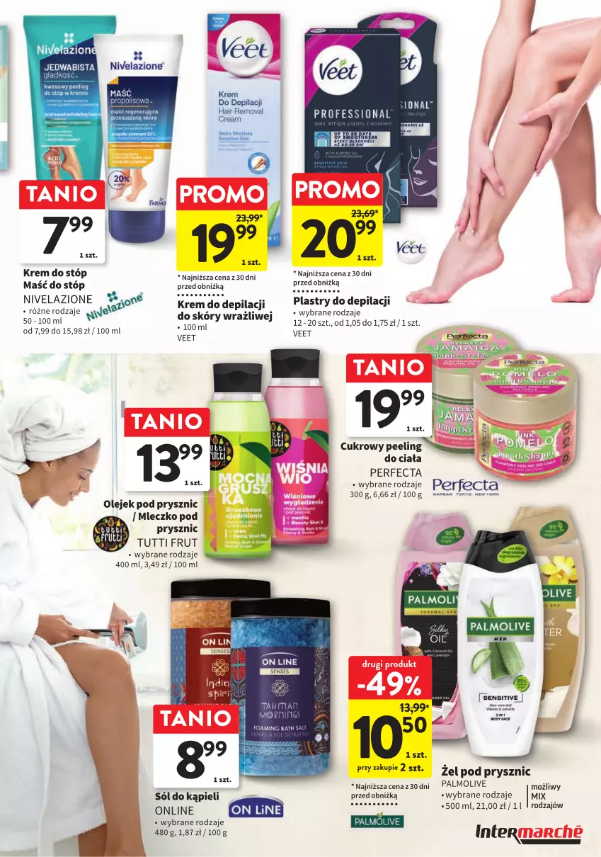 Gazetka promocyjna Intermarche - ważna 11.07 do 24.07.2024 - strona 7 - produkty: Krem do depilacji, Krem do stóp, Mleczko, Nivelazione, Olej, Olejek pod prysznic, Palmolive, Perfecta, Plastry do depilacji, Sól, Sól do kąpieli, Veet