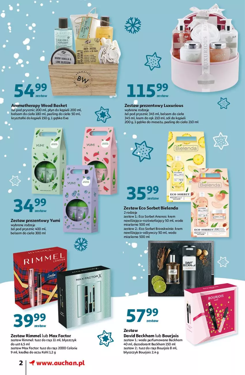 Gazetka promocyjna Auchan - Magia Świąteczych Okazji Supermarkety - ważna 25.11 do 01.12.2021 - strona 2 - produkty: Ananas, Balsam do ciała, Bielenda, Błyszczyk do ust, Bourjois, David Beckham, Dezodorant, Fa, Kredka, Krem do rąk, Max Factor, Peeling, Perfum, Płyn do kąpieli, Sól, Sól do kąpieli, Tusz, Woda, Woda micelarna, Woda perfumowana, Zestaw prezentowy