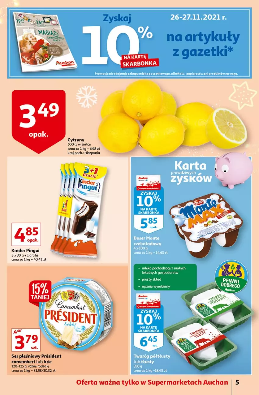 Gazetka promocyjna Auchan - Magia Świąteczych Okazji Supermarkety - ważna 25.11 do 01.12.2021 - strona 5 - produkty: Brie, Camembert, Cytryny, Gra, Kinder, LG, Mleko, Ser, Ser pleśniowy