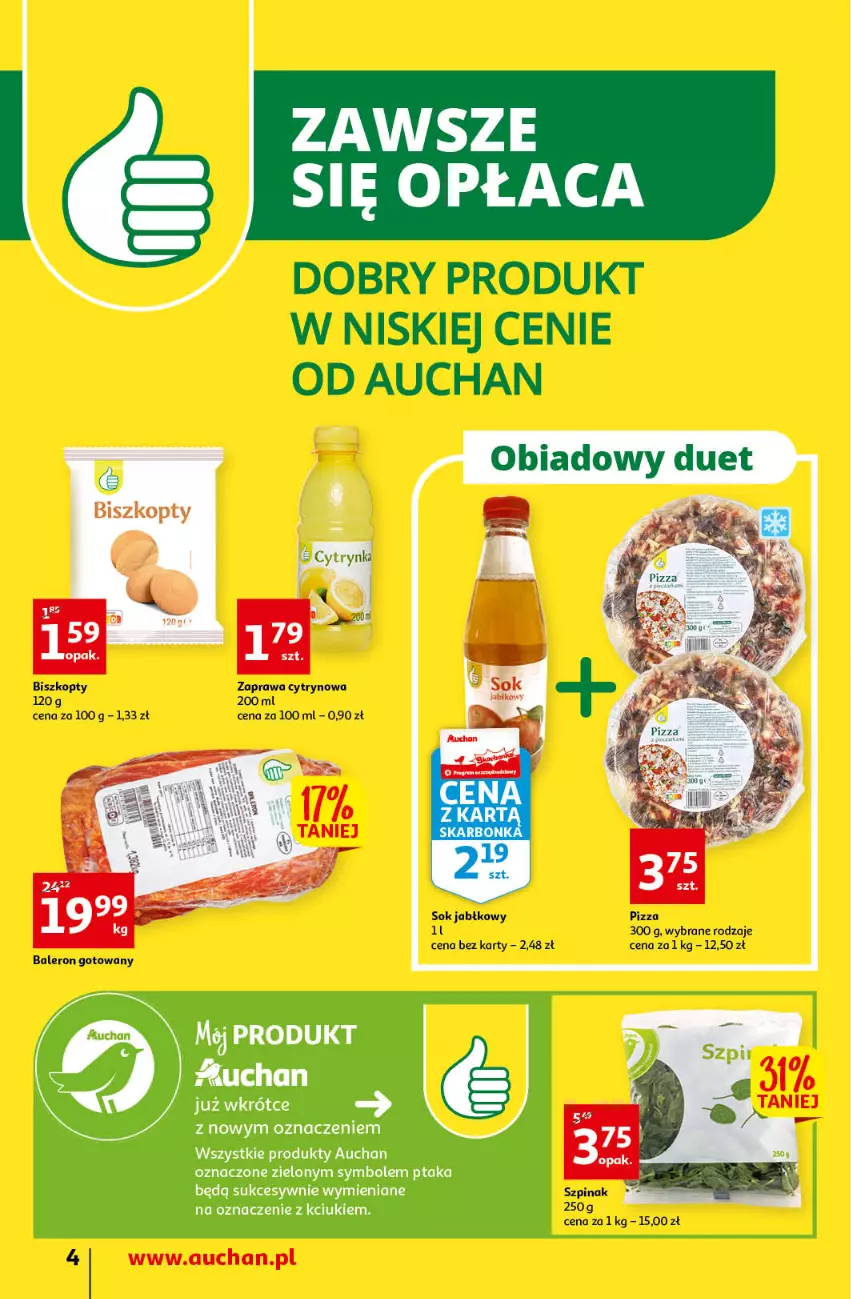 Gazetka promocyjna Auchan - Gazetka przeNISKIE CENY – PrzeWyborne produkty regionalne Supermarkety - ważna 08.09 do 14.09.2022 - strona 4 - produkty: Pizza, Sok, Sok jabłkowy, Szpinak