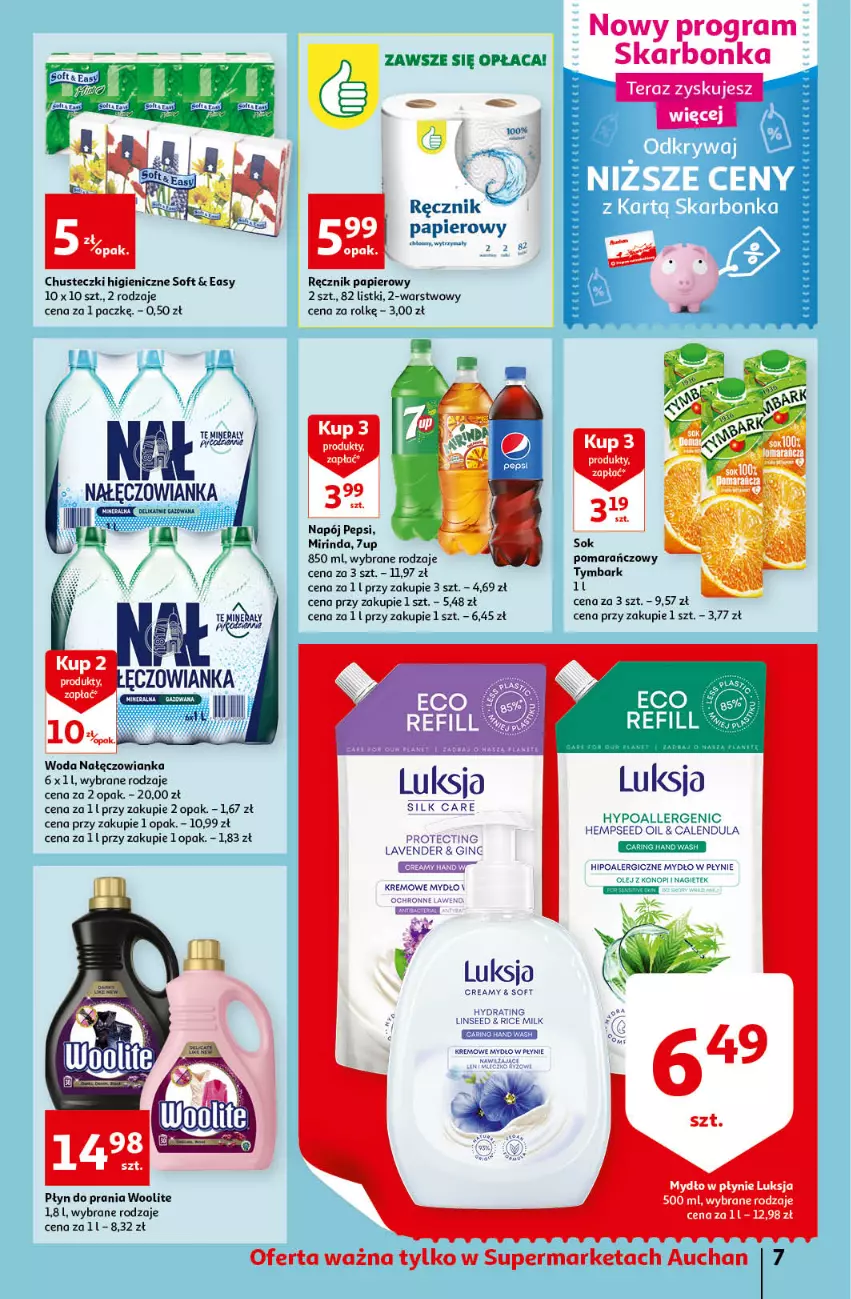 Gazetka promocyjna Auchan - Gazetka przeNISKIE CENY – PrzeWyborne produkty regionalne Supermarkety - ważna 08.09 do 14.09.2022 - strona 7 - produkty: 7up, Chusteczki, Gin, Gra, Luksja, Mirinda, Mydło, Mydło w płynie, Nałęczowianka, Napój, Papier, Pepsi, Płyn do prania, Ręcznik, Tera, Tymbark, Woda, Woolite