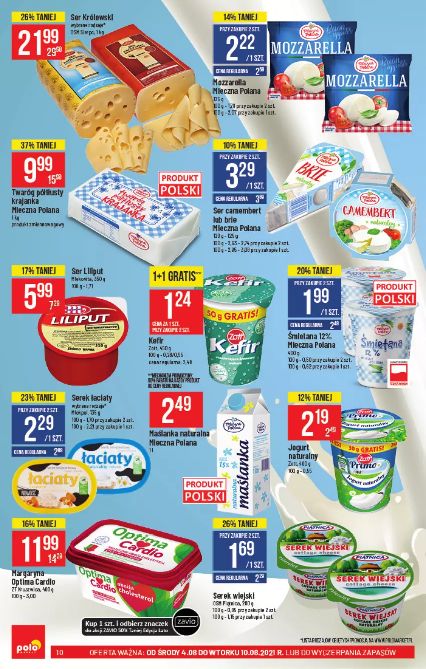 Gazetka promocyjna PoloMarket - Gazetka pomocyjna - ważna 04.08 do 10.08.2021 - strona 10 - produkty: Brie, Camembert, Fa, Gra, Jogurt, Jogurt naturalny, Królewski, LANA, Maślanka, Miecz, Mozzarella, Optima, Optima Cardio, Piątnica, Ser, Serek, Serek wiejski, Twaróg, Zott