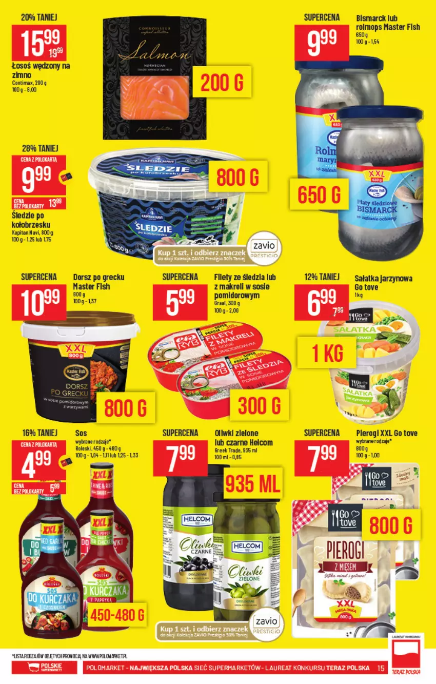 Gazetka promocyjna PoloMarket - Gazetka pomocyjna - ważna 04.08 do 10.08.2021 - strona 15 - produkty: Bols, Dorsz, Fa, HELCOM, Laur, Mop, Oliwki, Oliwki zielone, Pierogi, Sałat, Sałatka, Sos, Tera, Tran