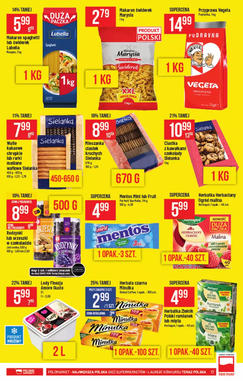 Gazetka promocyjna PoloMarket - Gazetka pomocyjna - ważna 04.08 do 10.08.2021 - strona 17 - produkty: Bell, Bella, Chrupki, Herbata, Herbata czarna, Jutrzenka, Kakao, Kawa, Lody, Lubella, Makaron, Mentos, Mięta, Ogród, Rodzynki, Rum, Rurki, Spaghetti, Stek, Vegeta, Wafle