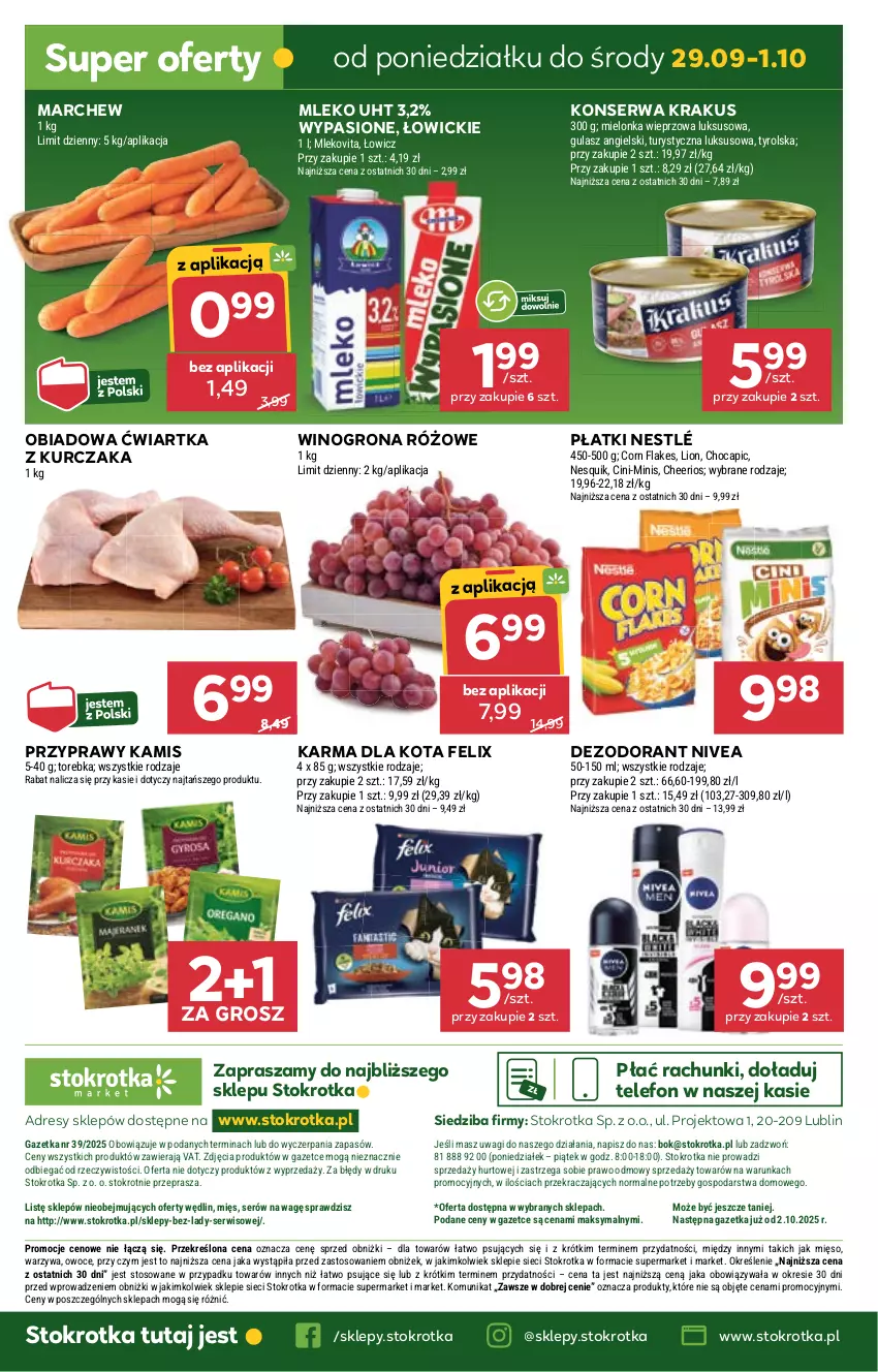 Gazetka promocyjna Stokrotka - Market - ważna 25.09 do 01.10.2025 - strona 30 - produkty: Cheerios, Corn flakes, Dezodorant, Dres, Felix, JBL, Kamis, Krakus, Kurczak, Lion, Mięso, Mleko, Mlekovita, Nesquik, Nestlé, Nivea, O nas, Owoce, Przyprawy, Ser, Telefon, Torebka, Wagi, Warzywa, Wino, Winogrona