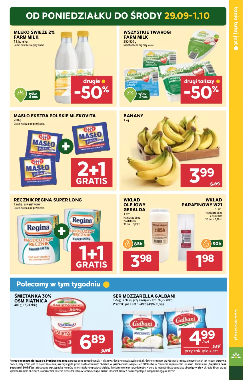 Gazetka promocyjna Stokrotka - Market - ważna 25.09 do 01.10.2025 - strona 7 - produkty: Banany, Fa, Farm Milk, Galbani, Gin, Gra, Masło, Mięso, Mleko, Mlekovita, Mozzarella, Olej, Owoce, Piątnica, Ręcznik, Ser, Warzywa, Wkład olejowy