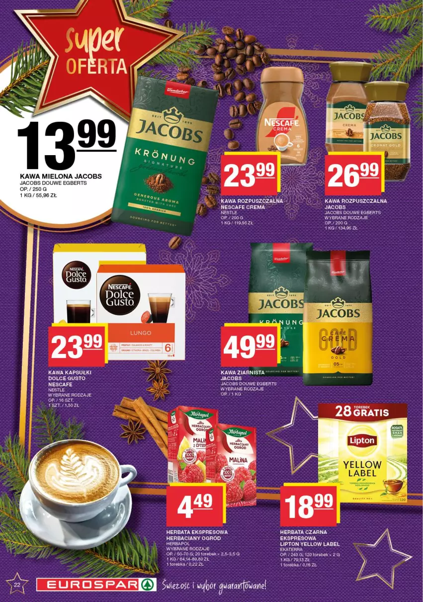 Gazetka promocyjna Spar - EuroSpar - ważna 09.12 do 19.12.2024 - strona 22 - produkty: Dolce Gusto, Gra, Herbapol, Herbata, Herbata czarna, Jacobs, Kawa, Kawa mielona, Lipton, Ogród, Torebka