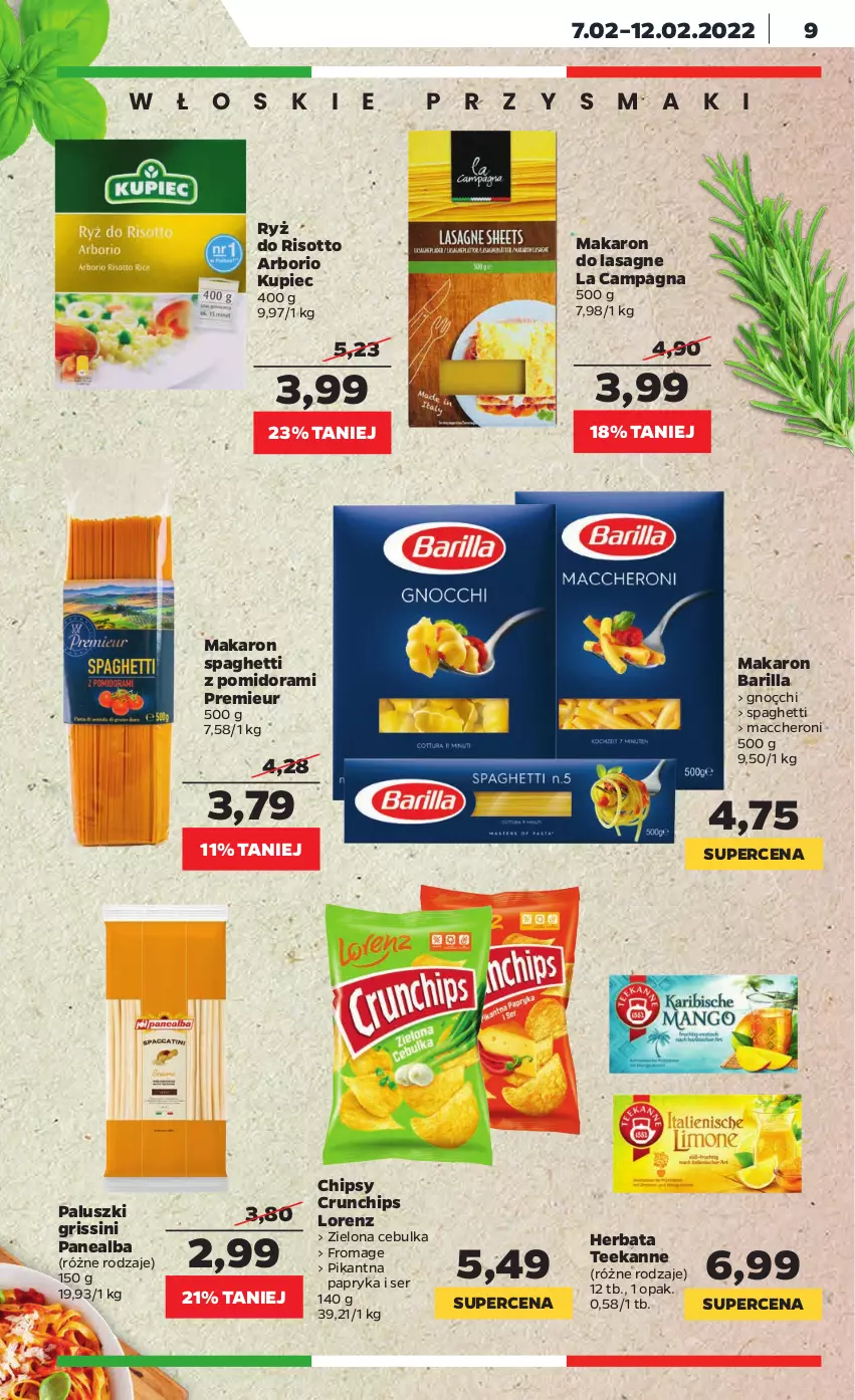 Gazetka promocyjna Netto - Gazetka spożywcza - ważna 07.02 do 12.02.2022 - strona 9 - produkty: Barilla, Chipsy, Crunchips, Gnocchi, Grissini, Herbata, Kupiec, Lasagne, Lorenz, Makaron, Papryka, Piec, Ryż, Ryż do risotto, Ser, Spaghetti, Teekanne