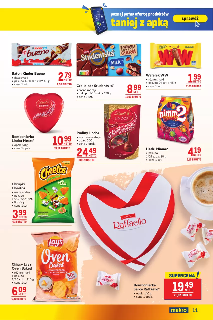 Gazetka promocyjna Makro - Oferta dla biura i domu - ważna 04.02 do 03.03.2025 - strona 11 - produkty: Baton, Cheetos, Chipsy, Chrupki, Czekolada, Fa, Kinder, Kinder Bueno, Lay’s, Lindor, Lizaki, Nimm2, Praliny, Raffaello, Ser, Wafelek