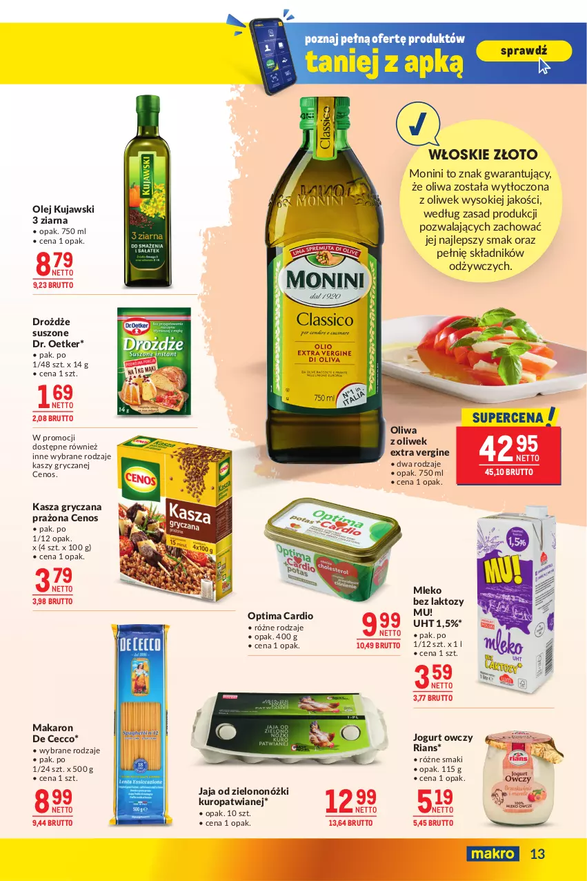 Gazetka promocyjna Makro - Oferta dla biura i domu - ważna 04.02 do 03.03.2025 - strona 13 - produkty: Cenos, Dr. Oetker, Drożdże, Gin, Gry, Jaja, Jogurt, Kasza, Kasza gryczana, Kujawski, Makaron, Mleko, Mleko bez laktozy, Monini, Olej, Oliwa, Oliwa z oliwek, Optima, Optima Cardio, Sok