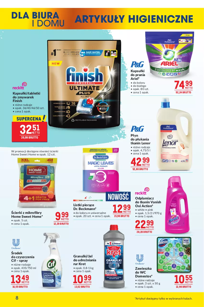 Gazetka promocyjna Makro - Oferta dla biura i domu - ważna 04.02 do 03.03.2025 - strona 8 - produkty: Ariel, Cif, Domestos, Finish, Gra, Kapsułki do prania, Kret, Lenor, Odplamiacz, Płyn do płukania, Tablet, Vanish, Zawieszka do wc