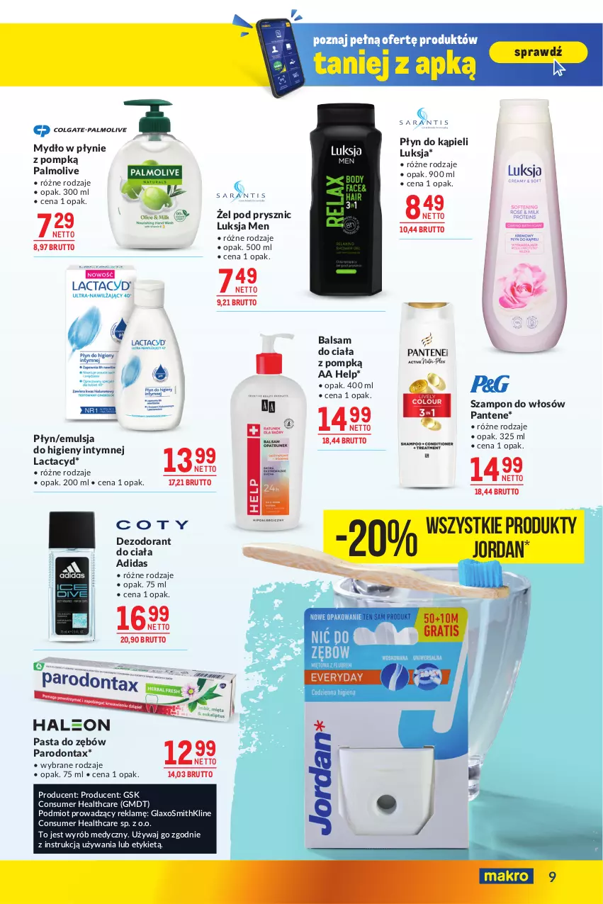 Gazetka promocyjna Makro - Oferta dla biura i domu - ważna 04.02 do 03.03.2025 - strona 9 - produkty: Adidas, Balsam do ciała, Dezodorant, Emulsja, Lactacyd, Luksja, Mydło, Mydło w płynie, Palmolive, Pantene, Parodontax, Pasta do zębów, Płyn do kąpieli, Szampon