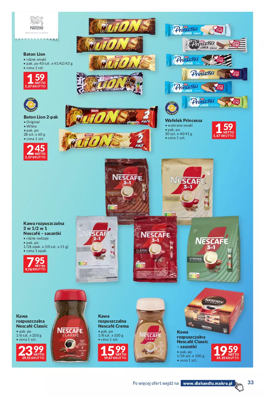 Gazetka promocyjna Makro - Dystrybucja do sklepów - ważna 07.07 do 03.08.2026 - strona 33 - produkty: Baton, Gin, Kawa, Kawa rozpuszczalna, Lion, Nescafé, Princessa, Wafelek