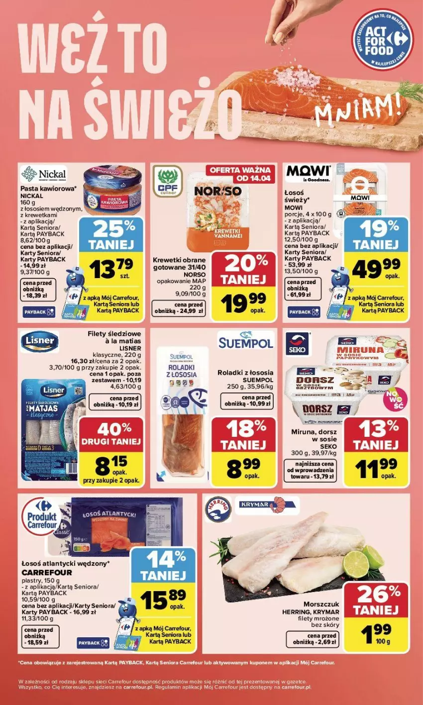 Gazetka promocyjna Carrefour - Gazetka Weź to na świeżo - ważna 13.04 do 18.04.2026 - strona 3 - produkty: Dorsz, Kawior, Krewetki, Lisner, Miruna, Por, SEKO, Sos, Suempol