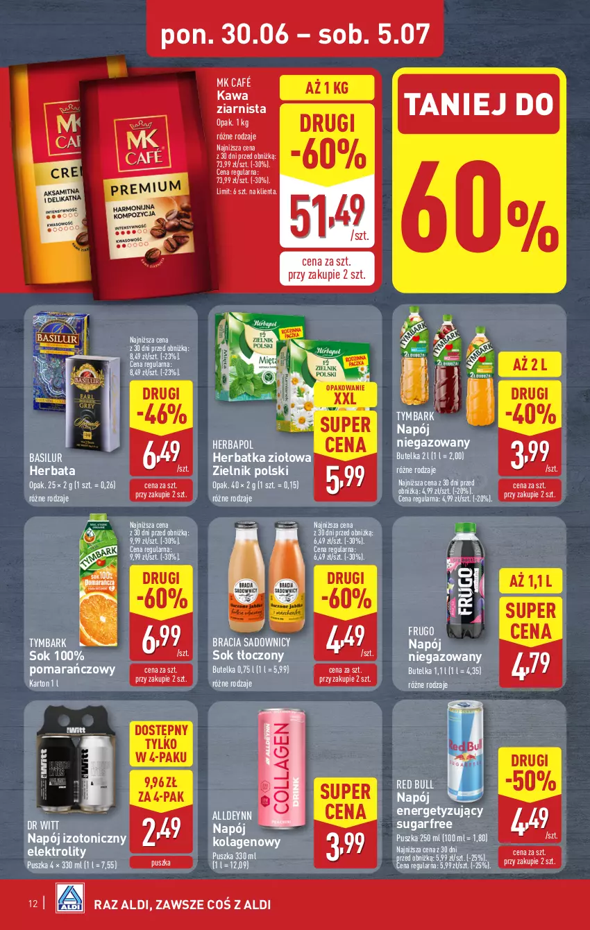 Gazetka promocyjna Aldi - Pełna oferta - ważna 30.06 do 05.07.2025 - strona 12 - produkty: Herbapol, Herbata, Kawa, Kawa ziarnista, Kolagen, Napój, Napój izotoniczny, Napój niegazowany, Red Bull, Sok, Tymbark