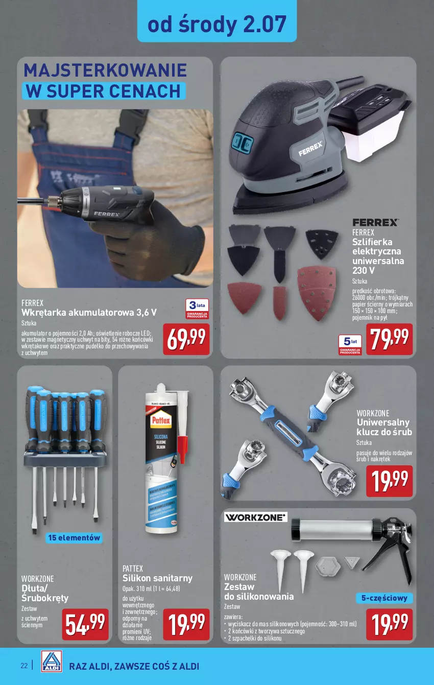 Gazetka promocyjna Aldi - Pełna oferta - ważna 30.06 do 05.07.2025 - strona 22 - produkty: Akumulator, Papier, Papier ścierny, Pojemnik, Por, Pudełko, Silikon sanitarny, Szlifierka, Tarka, Wkręt, Wkrętarka