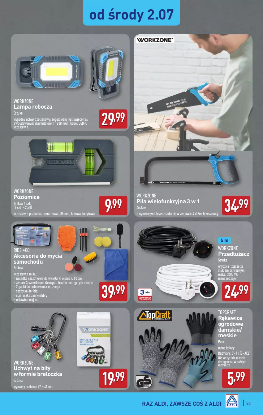 Gazetka promocyjna Aldi - Pełna oferta - ważna 30.06 do 05.07.2025 - strona 23 - produkty: Akumulator, Kabel USB, Lampa, LG, Poziomica, Rękawice, Szczotka, Top, Wkręt