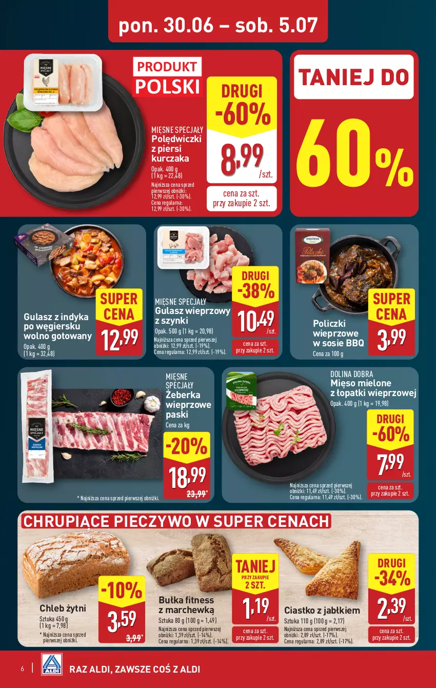 Gazetka promocyjna Aldi - Pełna oferta - ważna 30.06 do 05.07.2025 - strona 6 - produkty: Bułka, Bułka fitness, Chleb, Kurczak, Mięsne specjały, Mięso, Mięso mielone, Mięso mielone z łopatki wieprzowej, Piec, Pieczywo, Sos