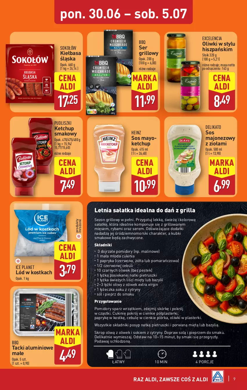 Gazetka promocyjna Aldi - Pełna oferta - ważna 30.06 do 05.07.2025 - strona 9 - produkty: Bazyl, Cytryny, Gin, Grill, Gry, Heinz, Ketchup, Kiełbasa, Kiełbasa śląska, Majonez, Oliwki, Papryka, Pieprz, Plasterki, Pomidory, Por, Produkty mrożone, Pudliszki, Ryba, Sałat, Sałatka, Ser, Sok, Sokołów, Sól, Sos, Stek