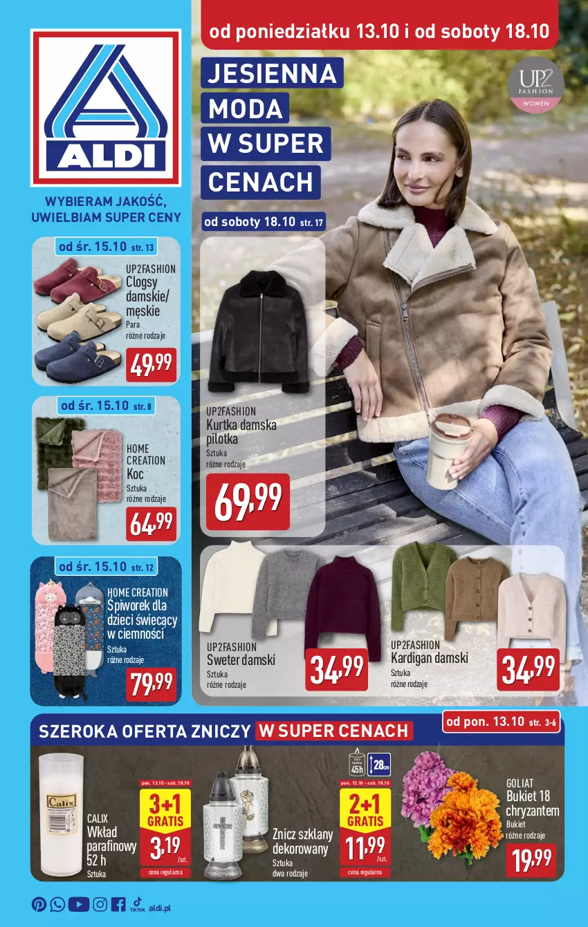 Gazetka promocyjna Aldi - Artykuły przemysłowe i tekstylia - ważna 13.10 do 18.10.2025 - strona 1 - produkty: Bukiet, Clogsy, Dzieci, Fa, Gra, Kardigan, Koc, Kurtka, Moda, Piwo, Sweter, Znicz