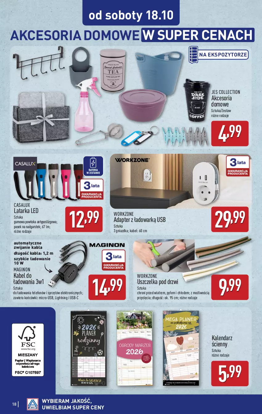 Gazetka promocyjna Aldi - Artykuły przemysłowe i tekstylia - ważna 13.10 do 18.10.2025 - strona 18 - produkty: Drzwi, Gin, Kalendarz, Latarka, Latarka LED, Pasek, Stek, Tarka, Telefon