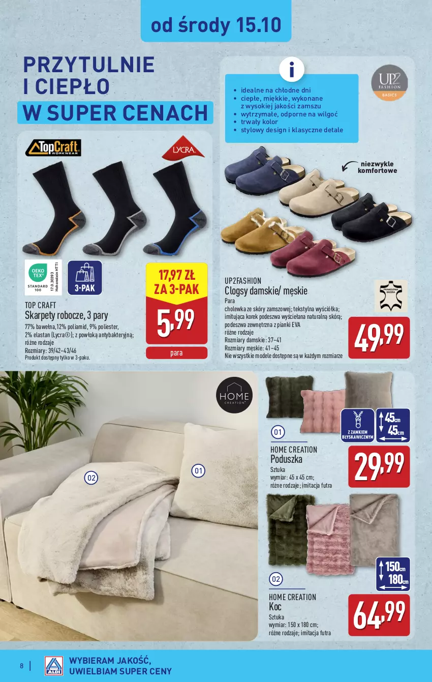Gazetka promocyjna Aldi - Artykuły przemysłowe i tekstylia - ważna 13.10 do 18.10.2025 - strona 8 - produkty: Clogsy, Fa, Karp, Koc, LG, Poduszka, Por, Sok, Top, Wełna