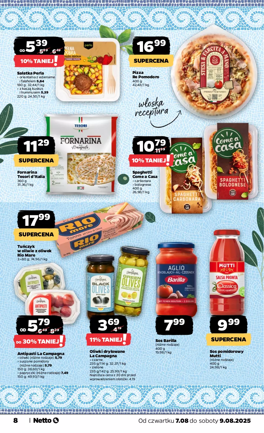 Gazetka promocyjna Netto - Od Czwartku - ważna 07.08 do 09.08.2025 - strona 8 - produkty: Barilla, Edam, Fa, Hummus, Kuskus, Mus, Oliwki, Pizza, Pomidory, Rio Mare, Sałat, Sałatka, Sos, Sos pomidorowy, Spaghetti, Tuńczyk