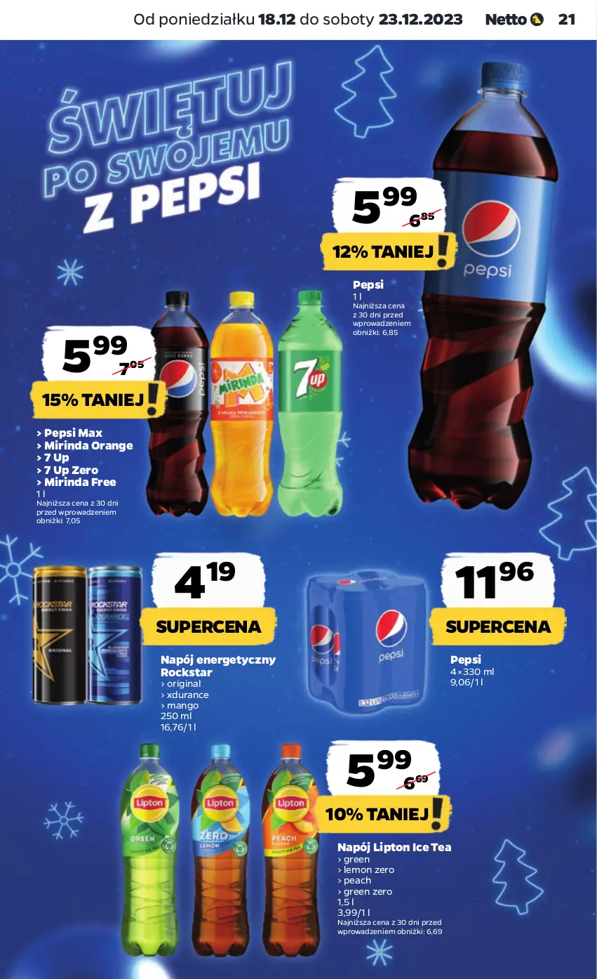 Gazetka promocyjna Netto - Artykuły spożywcze - ważna 18.12 do 23.12.2023 - strona 21 - produkty: Gin, Ice tea, Lipton, Mango, Mirinda, Napój, Napój energetyczny, Pepsi, Pepsi max