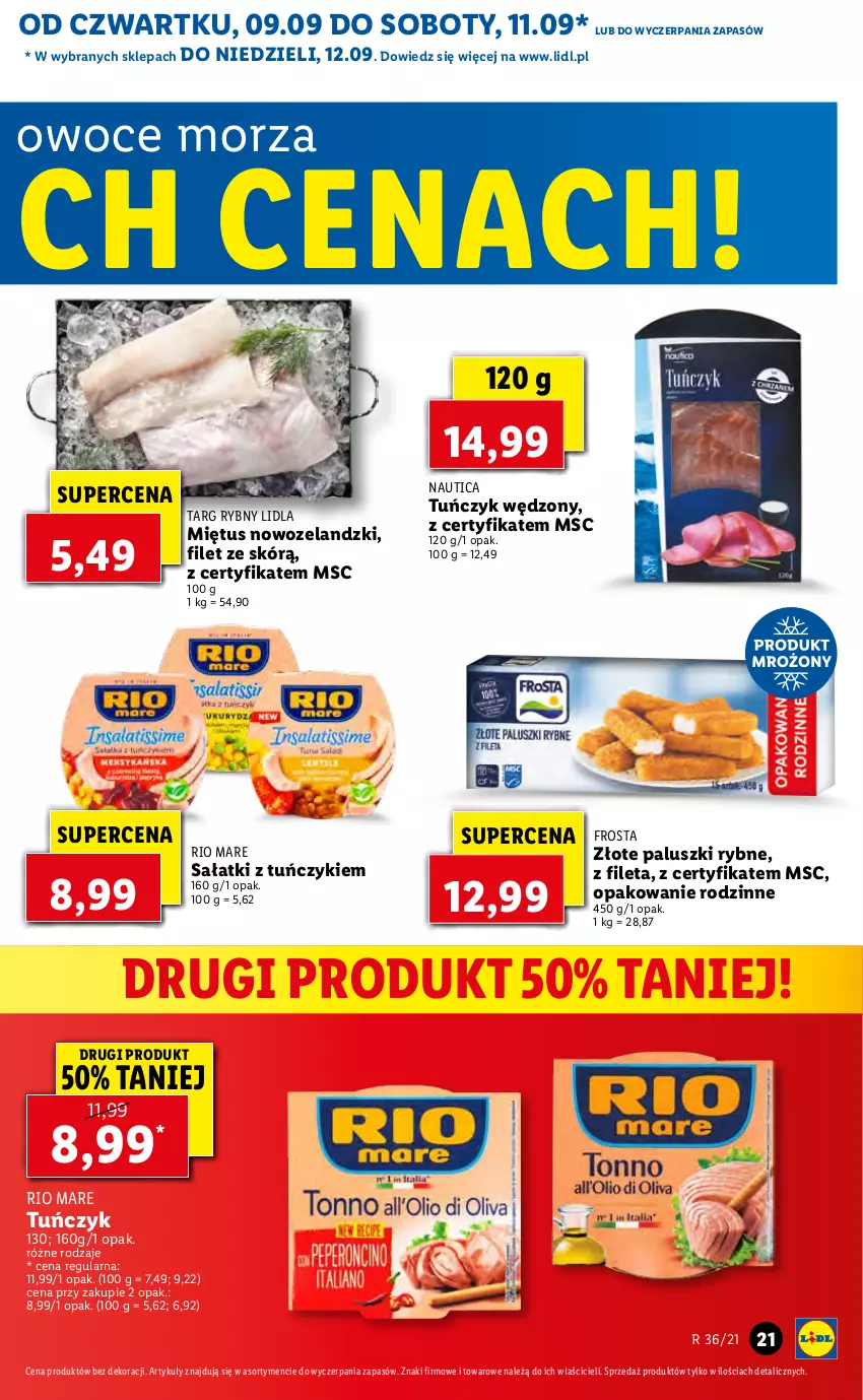 Gazetka promocyjna Lidl - GAZETKA - ważna 09.09 do 12.09.2021 - strona 21 - produkty: Frosta, Miętus, Owoce, Owoce morza, Paluszki rybne, Rio Mare, Sałat, Tuńczyk