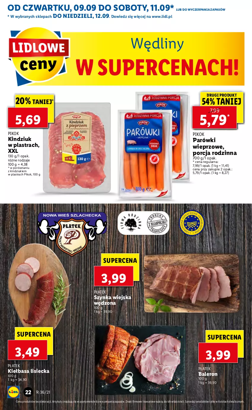 Gazetka promocyjna Lidl - GAZETKA - ważna 09.09 do 12.09.2021 - strona 22 - produkty: Kiełbasa, Kindziuk, Parówki, PIKOK, Por, Szynka